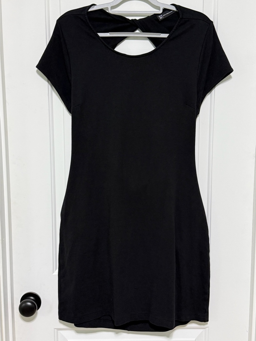 New York & Company Black Mini Dress with Short Sleeves and Cut Out Detail